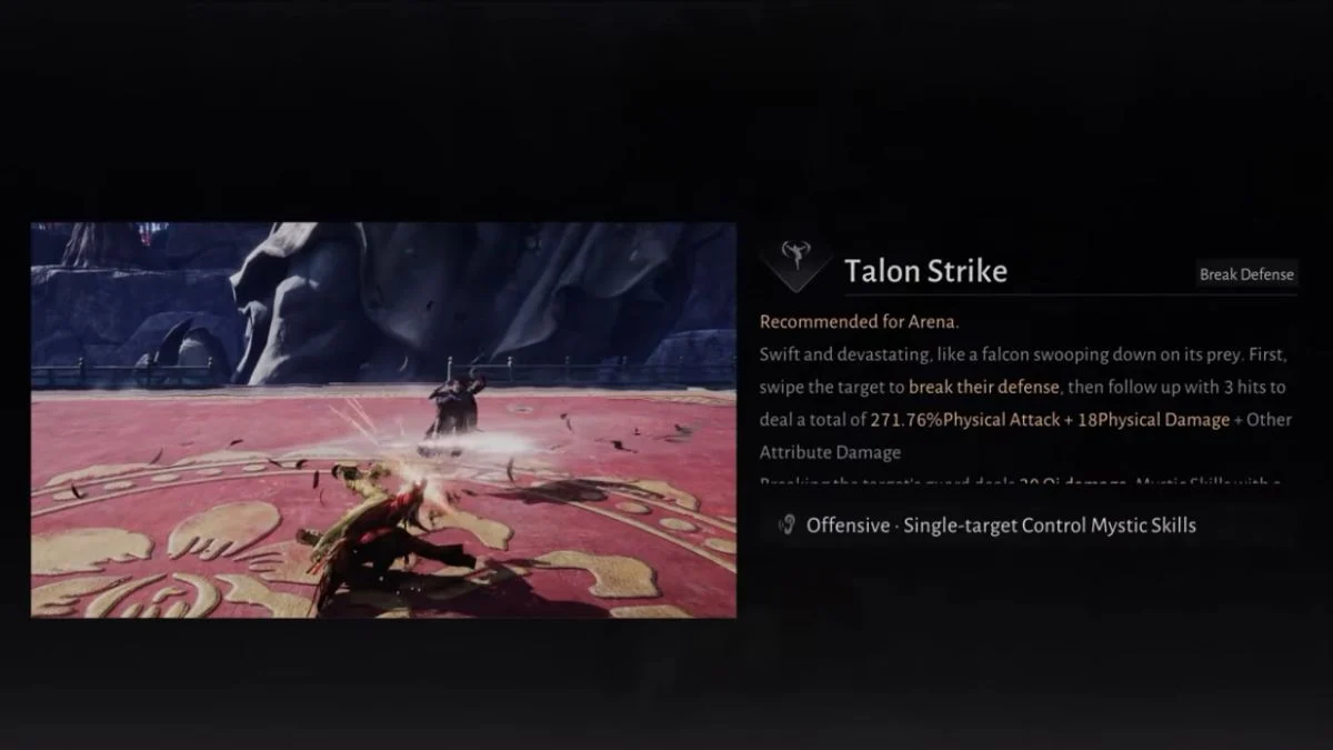 The in-game skill card for Talon Strike in Where Winds Meet, showing its description as an Offensive Single-target Control Mystic Skill recommended for the Arena, breaking defense with a total of 271.76% Physical Attack damage.