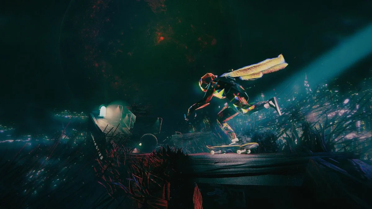 A glass-skinned skater performing a trick on a skateboard in a dark, surreal underworld with a large red moon in the background.