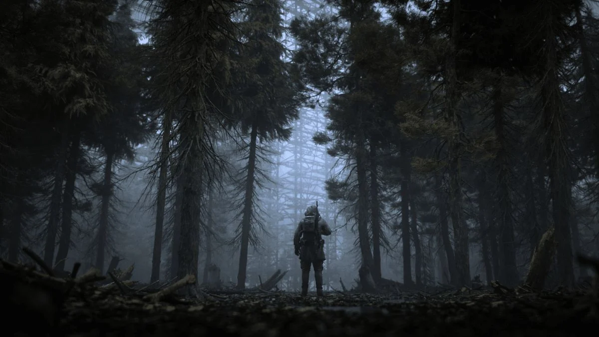 A lone stalker stands in a dark, foggy forest looking toward a massive metal structure in STALKER 2 Heart of Chornobyl.