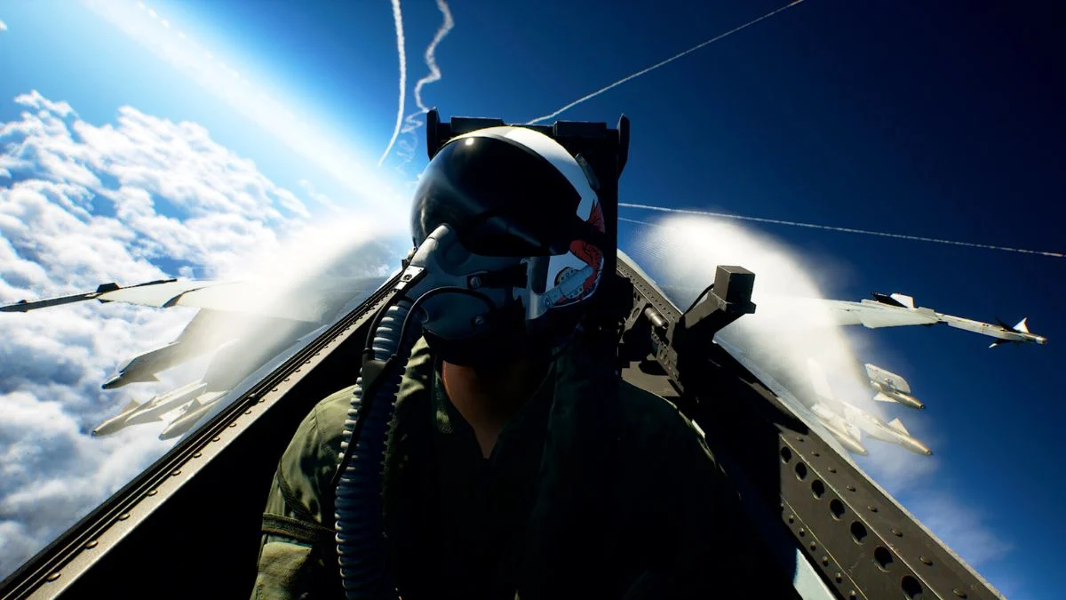 A high-resolution image of a modern fighter jet (like the F-22 Raptor) flying aggressively over a canyon or ocean, representing the air combat in Ace Combat 8.