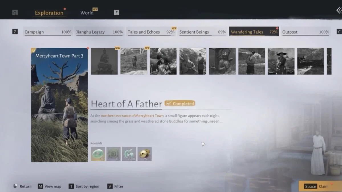 Completion screen for the Heart of a Father Wandering Tale in Where Winds Meet showing rewards.