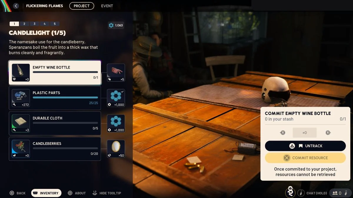 The Flickering Flames project menu in Arc Raiders showing requirements for Candlelight including Candleberries, Durable Cloth, and Plastic Parts.