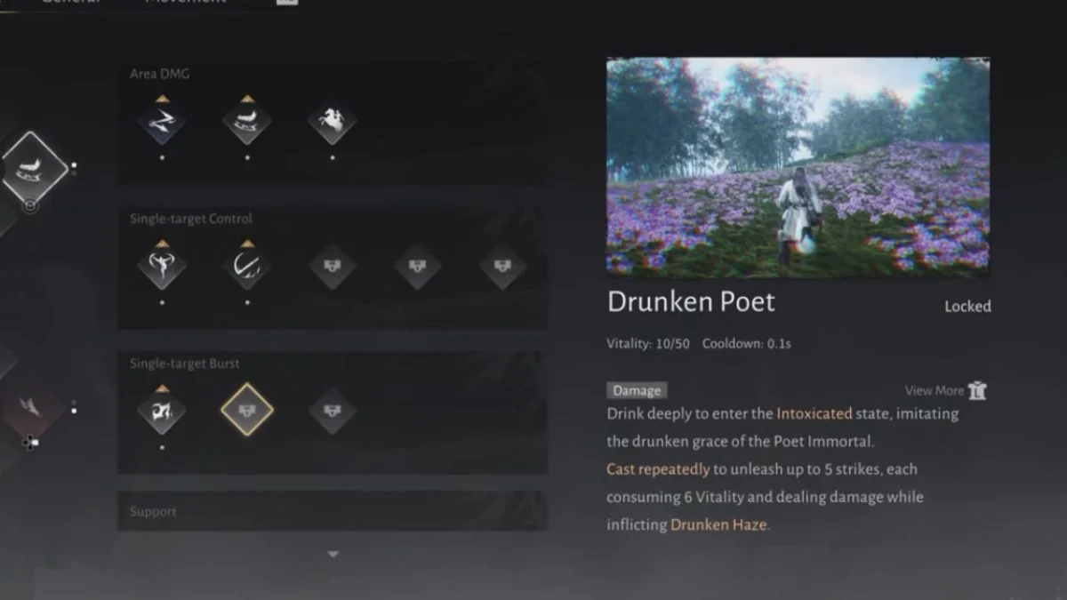 The Drunken Poet Mystic Skill selection screen, showing the skill is 'Locked.' The description highlights its core function: "Drink deeply to enter the Intoxicated state," and "Cast repeatedly to unleash up to 5 strikes, each consuming 6 Vitality."