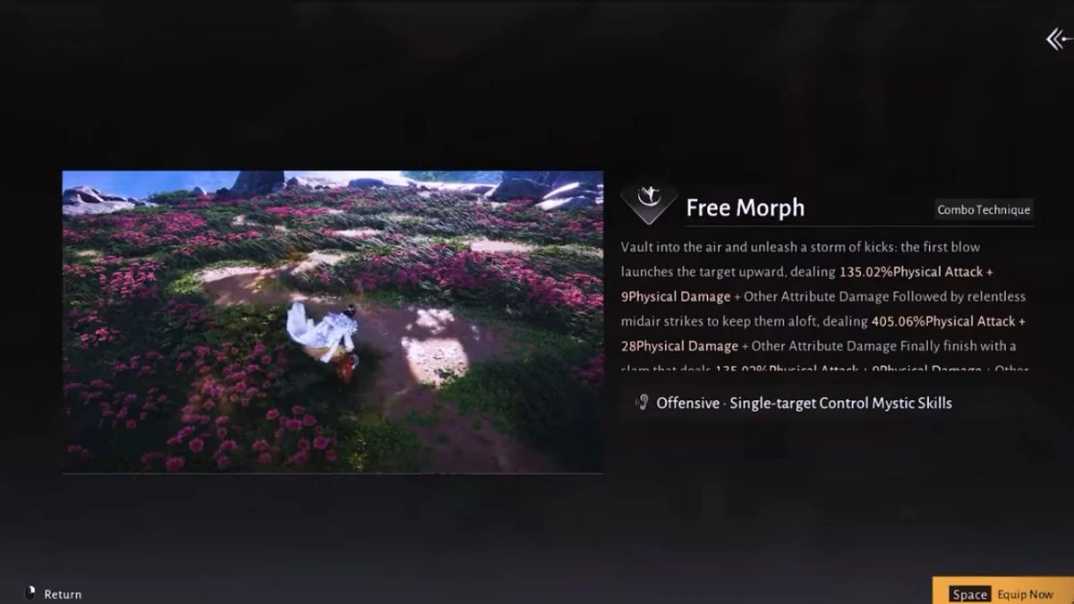 A gameplay preview of the Free Morph combo technique in Where Winds Meet showing the character vaulting into the air.