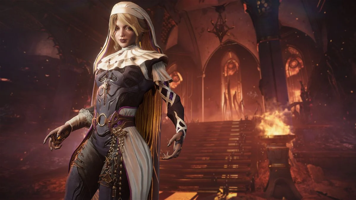 A Warframe character or cinematic skin, dressed in a black and white outfit reminiscent of a futuristic nun, standing in a large, burning, gothic-style chamber.