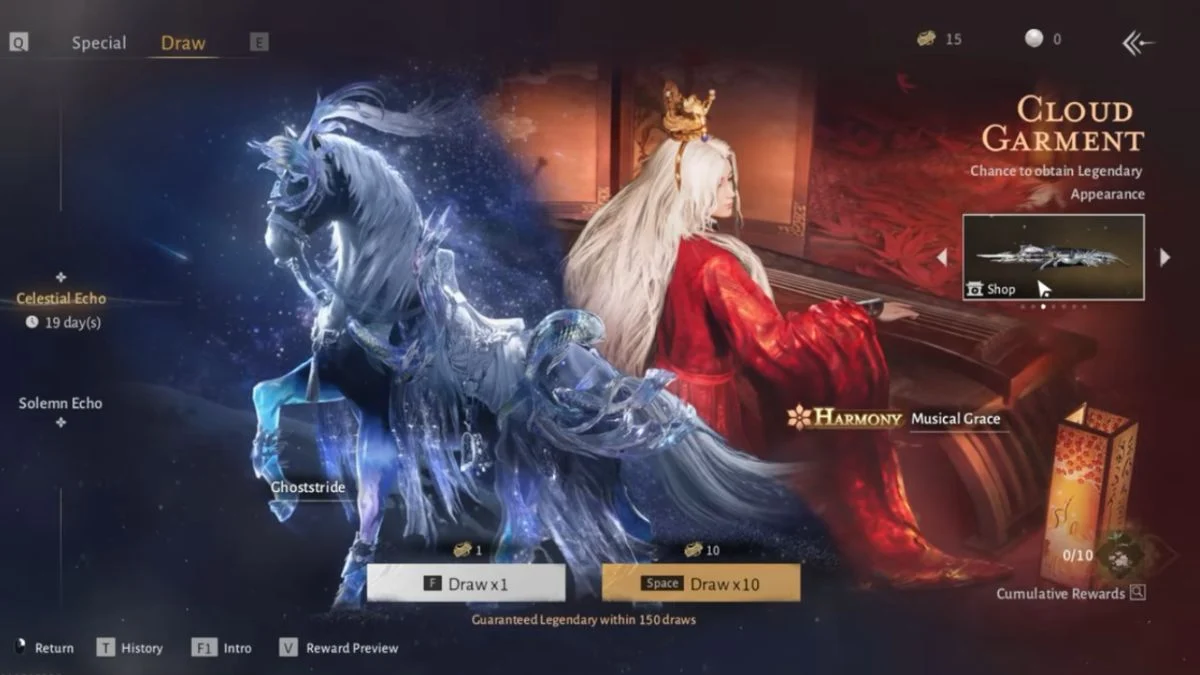 The in-game Gacha 'Draw' screen in Where Winds Meet for the Cloud Garment appearance. It shows a powerful visual of a figure on a mythical horse and a woman playing a stringed instrument, confirming the system is used for obtaining Legendary Appearance items.