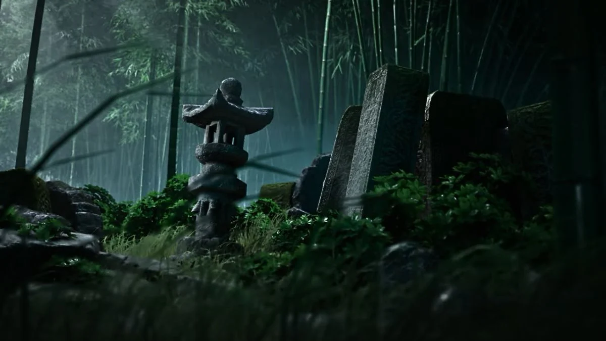 A cinematic view of a stone lantern and grave markers in a dark, atmospheric bamboo forest in Where Winds Meet.