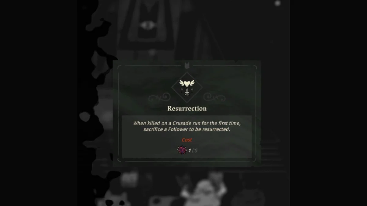 A menu screen in Cult of the Lamb showing the Resurrection ability which allows the player to sacrifice a follower to revive during a Crusade.