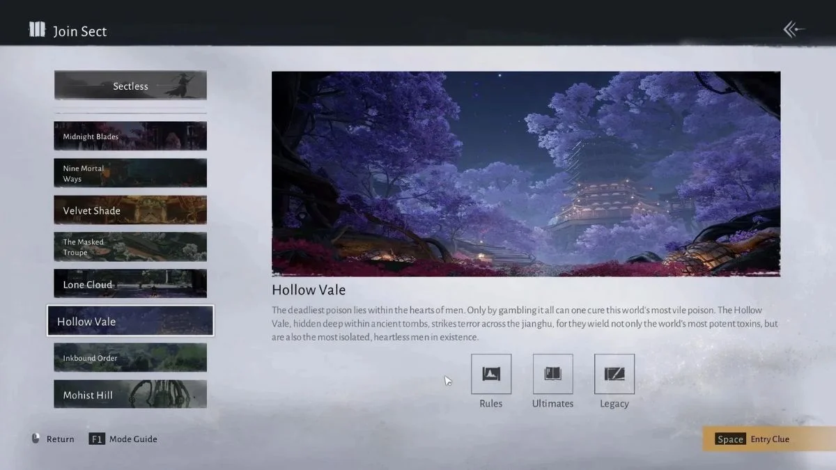 The Join Sect menu in Where Winds Meet showing the Hollow Vale sect description, rules, and its signature Soulshade Umbrella weapon.