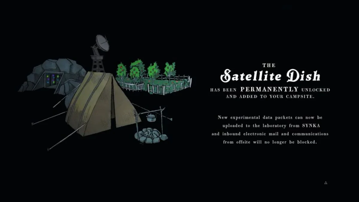 A dark game screen showing a campsite with a tent, campfire, and the newly unlocked Satellite Dish, with text confirming it has been permanently added.