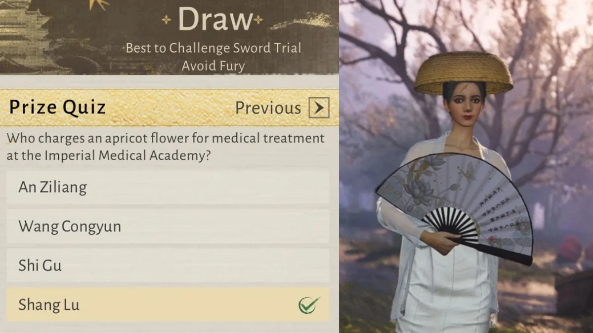 Screenshot from the game Where Winds Meet showing the Social Butterfly Quiz question: "Who charges an apricot flower for medical treatment at the Imperial Medical Academy?" with the correct answer, Shang Lu, checked.