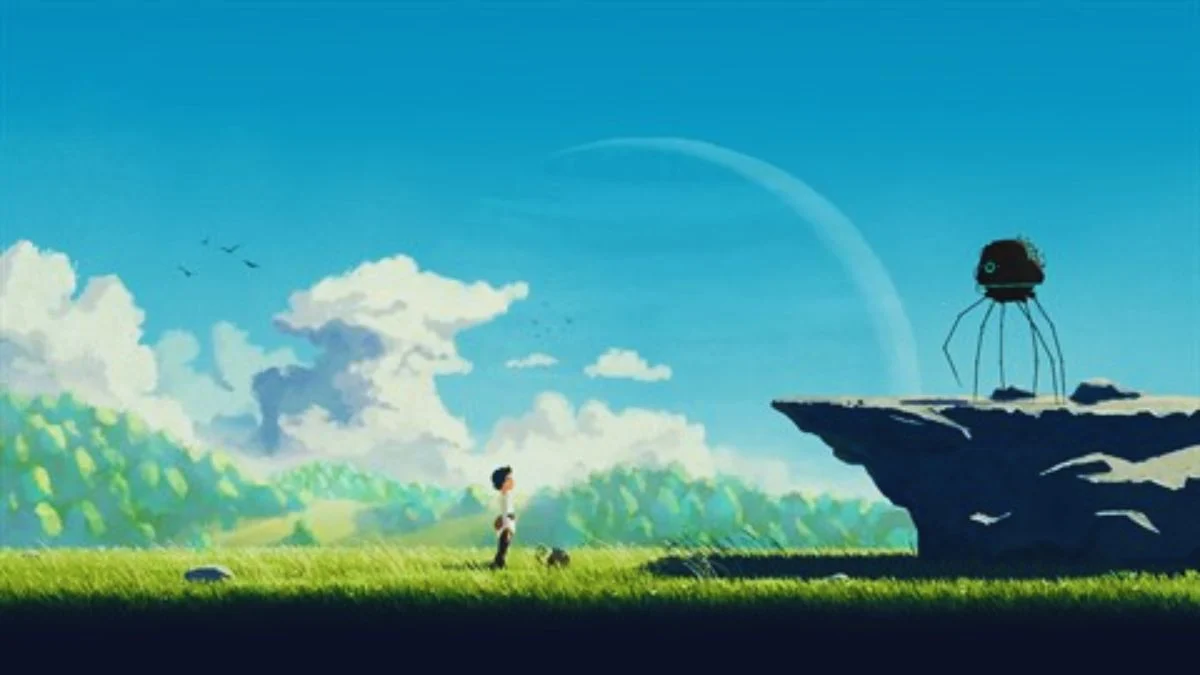 A wide shot of Planet of Lana showing the protagonist standing in a grassy field looking at a robotic creature on a cliff under a bright blue sky.