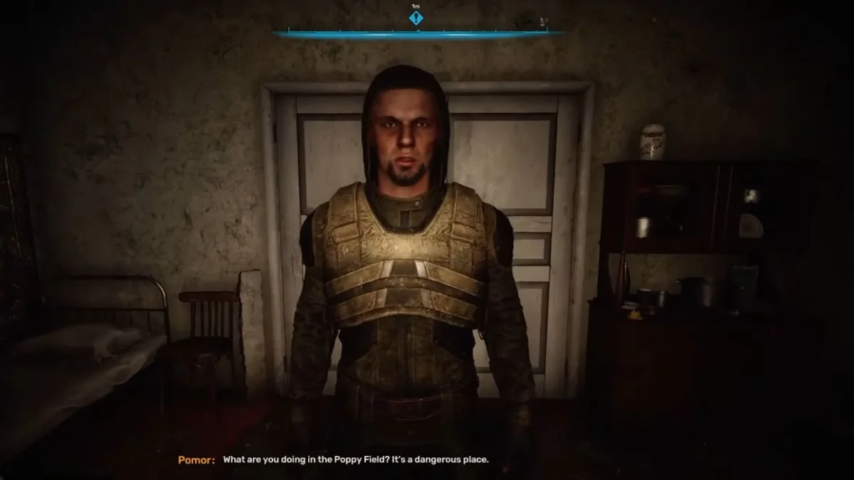 The NPC Pomor standing inside a dimly lit room in STALKER 2 Heart of Chornobyl.