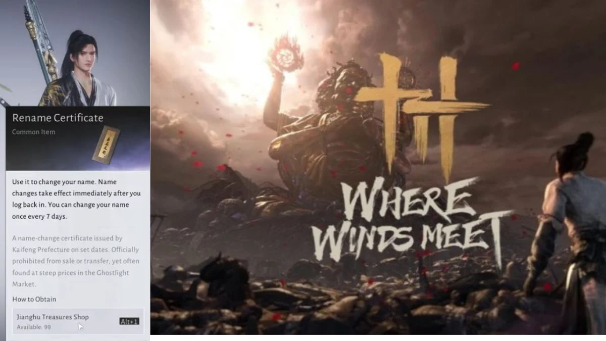 The in-game item window for the Rename Certificate in Where Winds Meet. The description confirms it changes the name immediately, has a 7-day cooldown, and can be obtained from the Jianghu Treasures Shop.
