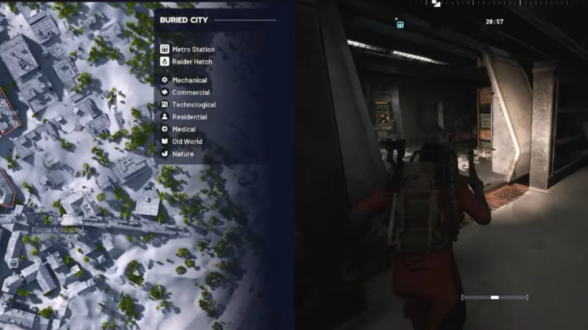 In-game screenshot of a player character standing at the entrance to a Raider Hatch in the Buried City, next to a map overview.