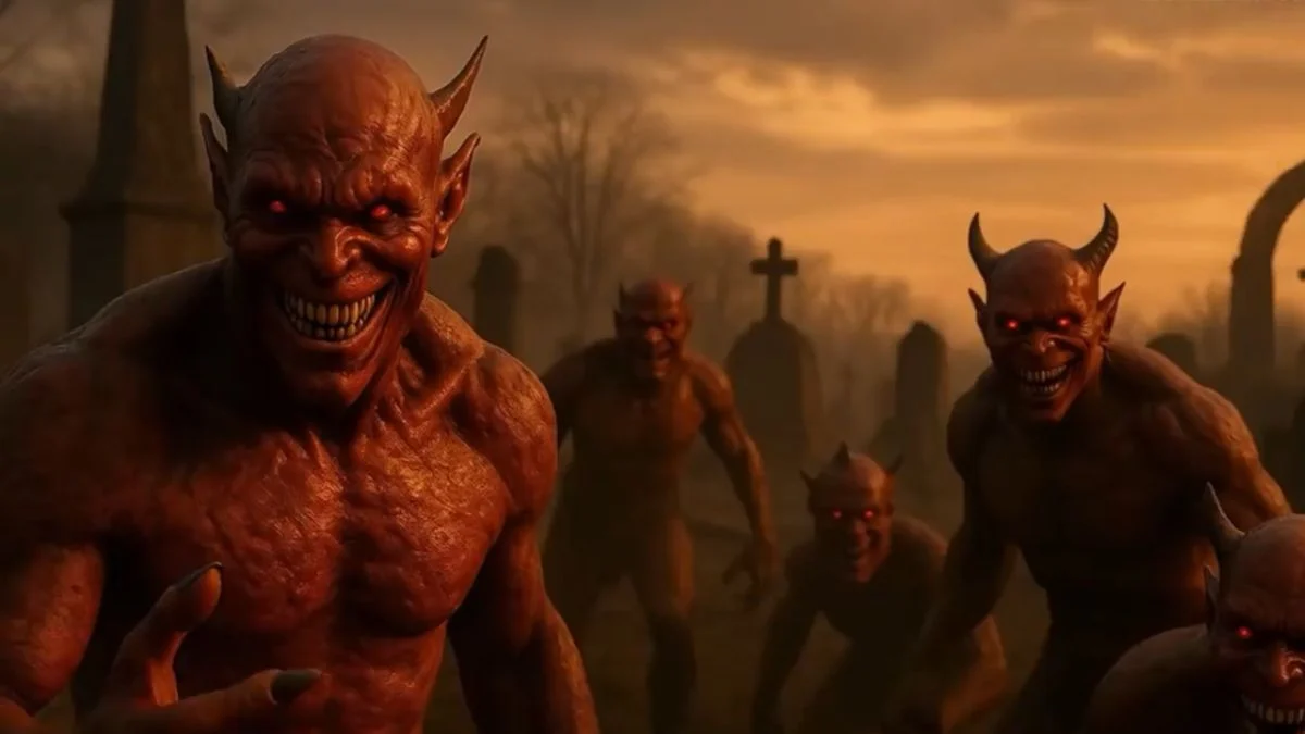 A group of demonic, red-skinned creatures with horns and glowing red eyes, standing in a dark graveyard setting, representing the enemies in the AI-generated game, Codex Mortis.