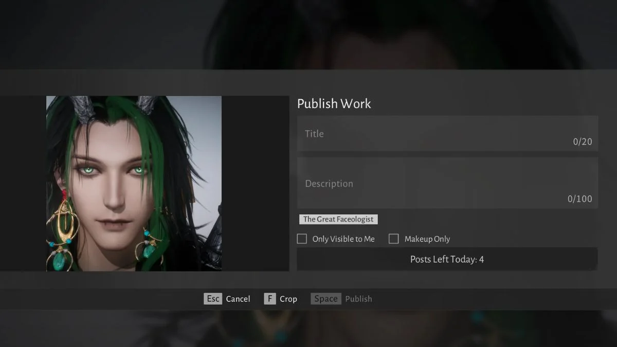 A screenshot of the 'Publish Work' menu in Where Winds Meet, showing a character creation image with a green-haired male character and the 'The Great Faceologist' tag visible beneath the description box.