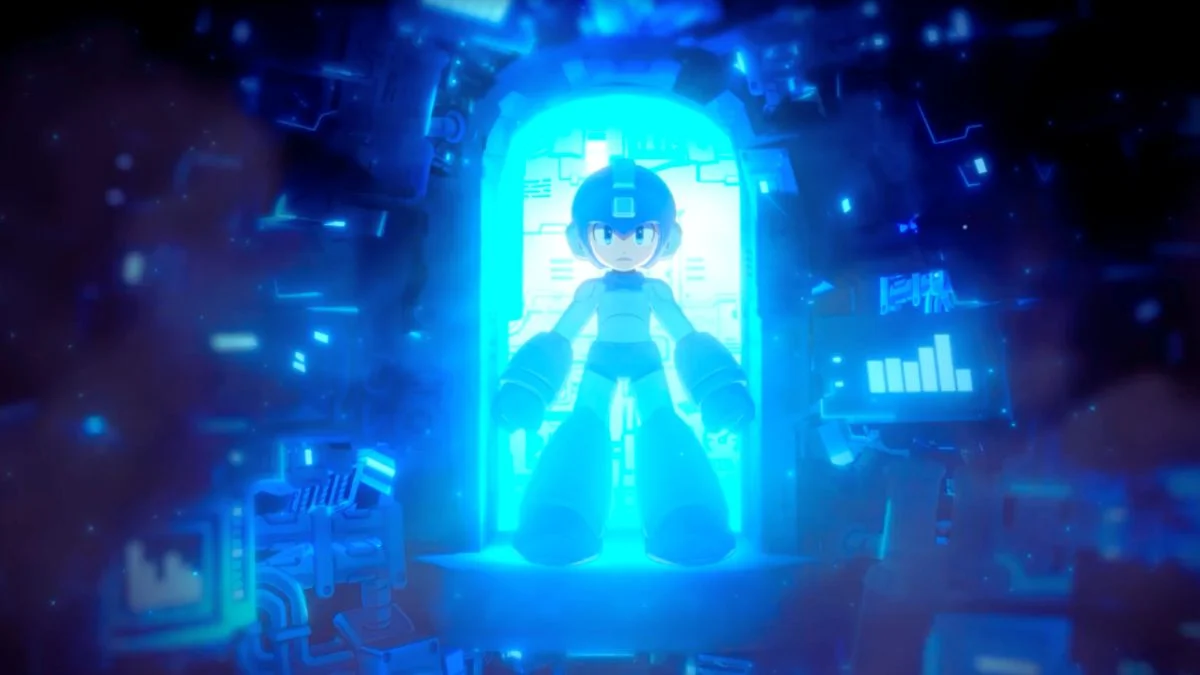 A brightly lit, blue, cel-shaded image of Mega Man standing in a futuristic blue-glowing portal or chamber, emphasizing the character's return for the new game, Mega Man: Dual Override.