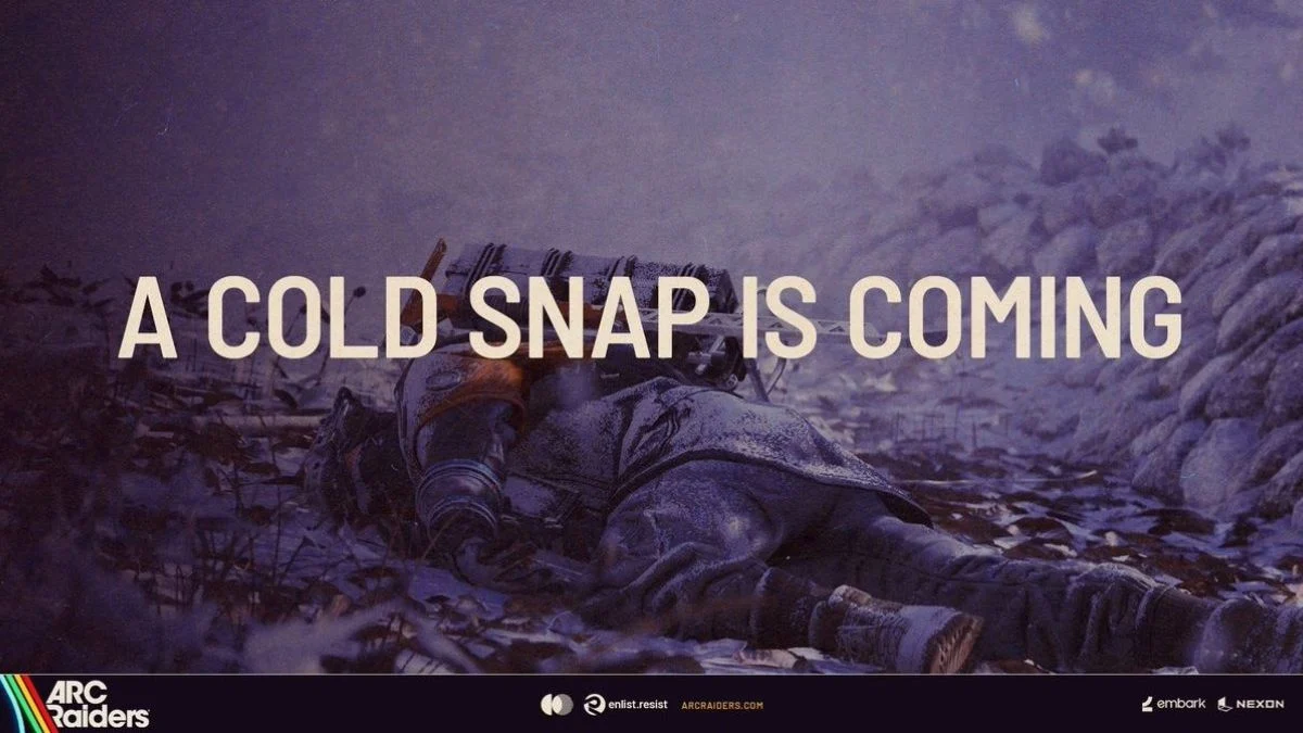 Promotional image for the ARC Raiders Cold Snap update showing a player character lying downed or struggling in a severe snow environment, with the text "A COLD SNAP IS COMING."