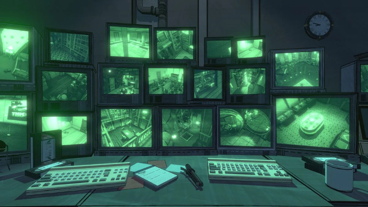 A desk featuring two keyboards and a large bank of glowing green CRT security monitors displaying different rooms in the indie game Blue Prince.