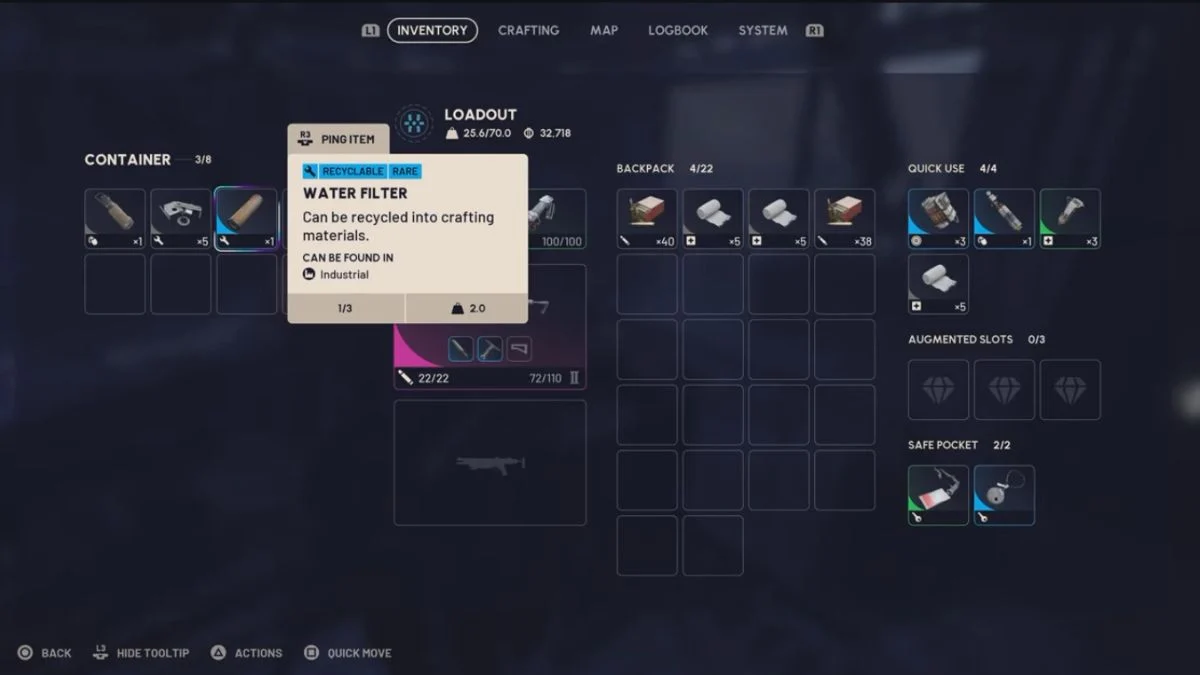 Inventory screen in Arc Raiders displaying a Water Filter item with its Industrial classification and rarity.