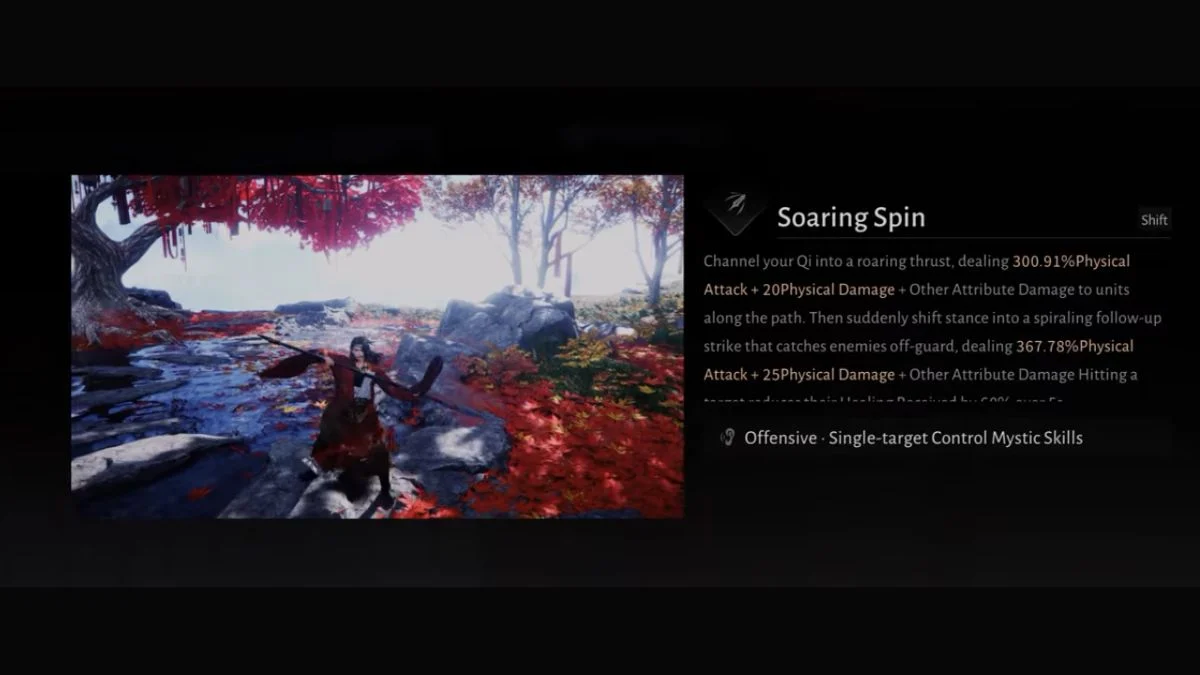 The in-game skill card for Soaring Spin in Where Winds Meet, showing its description as an Offensive Single-target Control Mystic Skill, dealing high Physical Attack damage and recommended for pressuring targets.