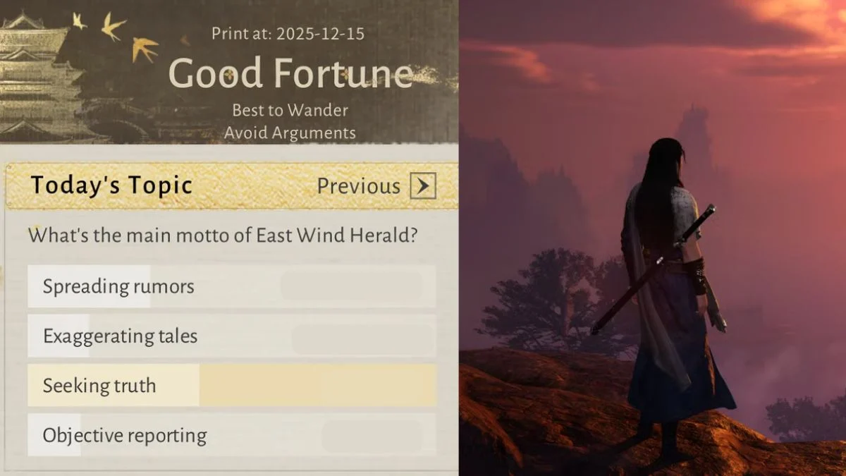 A screenshot showing the 'Good Fortune' screen in Where Winds Meet with a daily prompt under 'Today's Topic.' The question is: "What's the main motto of East Wind Herald?" and the option Seeking truth is selected and highlighted.