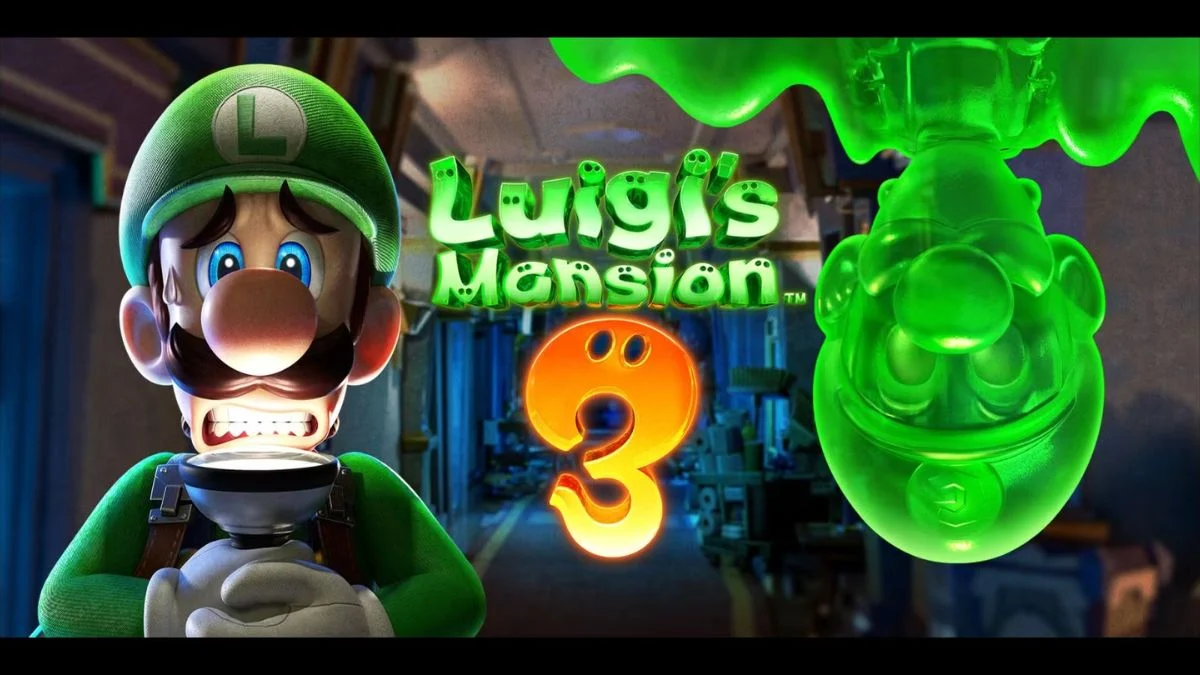 Official artwork for Luigi’s Mansion 3 featuring a scared Luigi with his flashlight and a green Gooigi reflection.