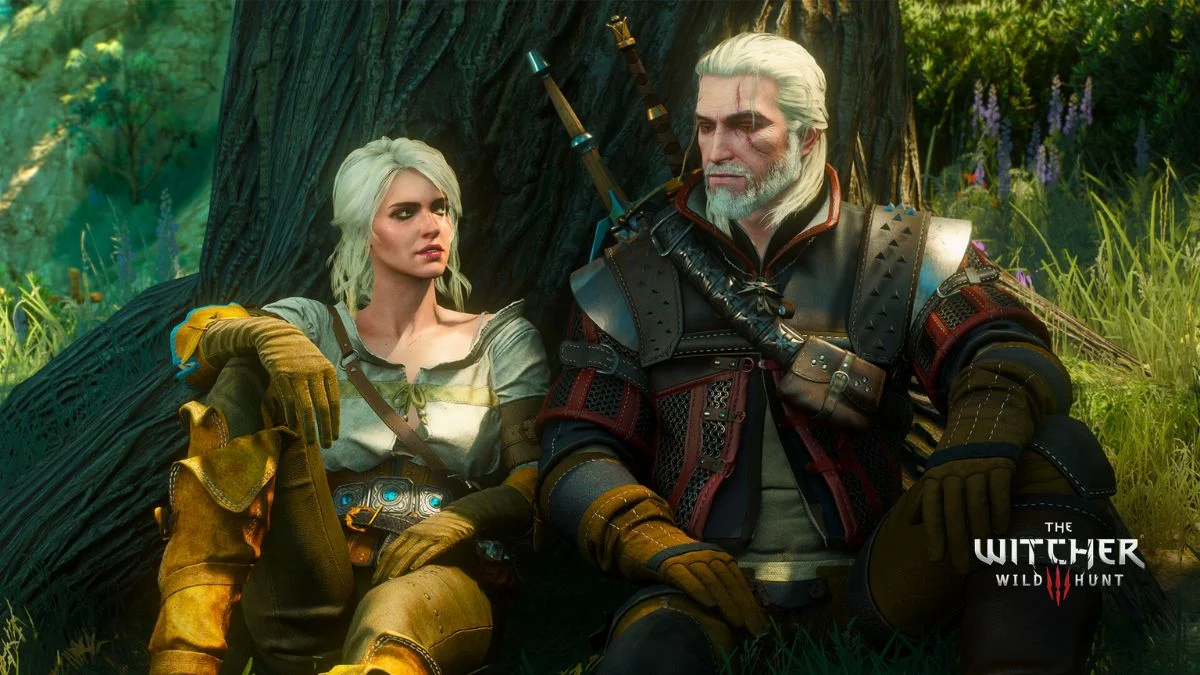 Geralt of Rivia and Ciri sitting against a tree in a lush forest from The Witcher 3 Wild Hunt.