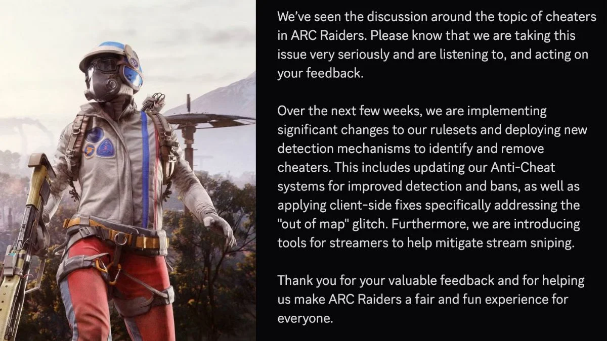 An ARC Raider character in tactical gear next to an official statement from Embark Studios regarding anti-cheat updates.