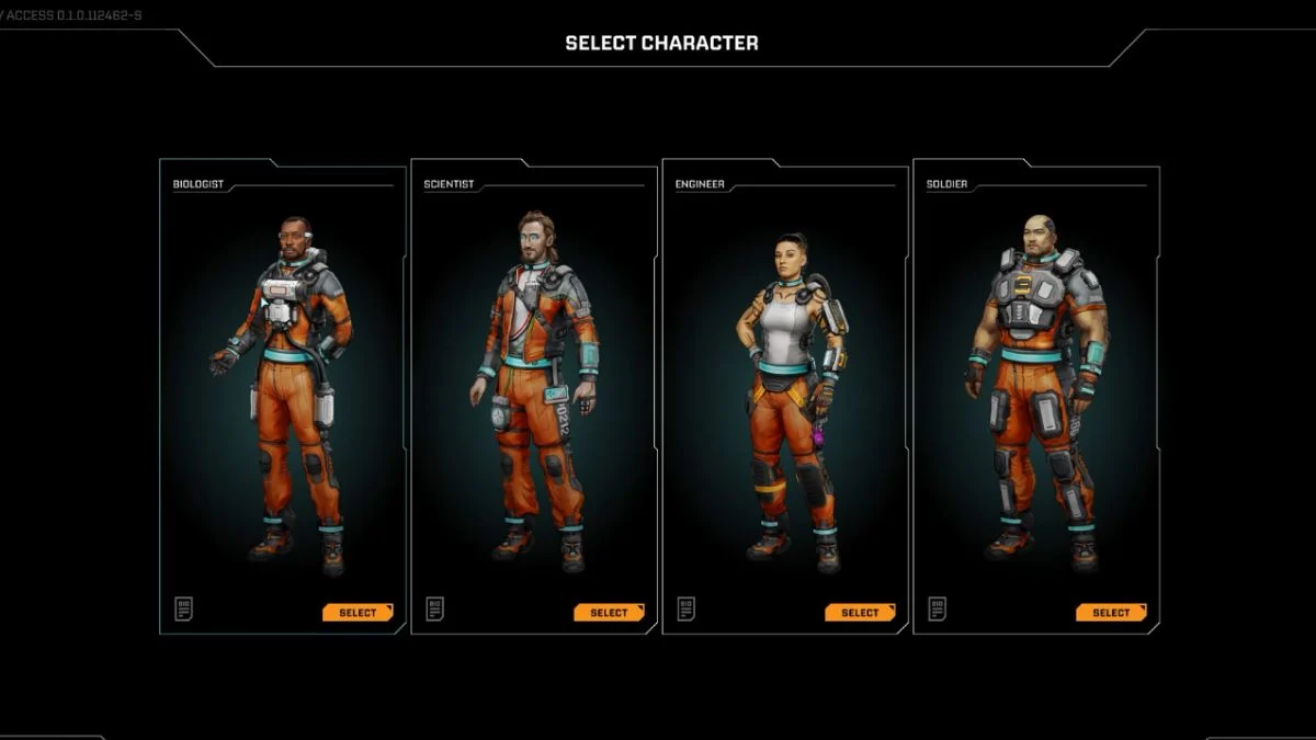 StarRupture character selection screen featuring the Biologist, Scientist, Engineer, and Soldier classes.