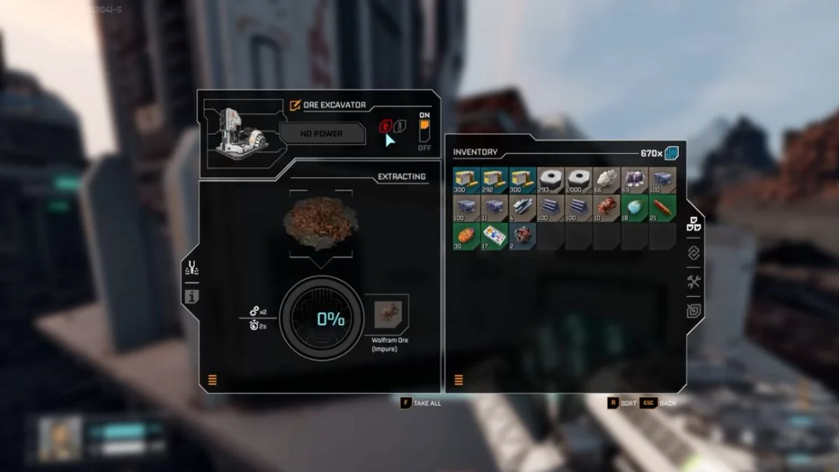 StarRupture in-game UI for an Ore Excavator showing a "No Power" warning in red next to a 0 percent progress bar.