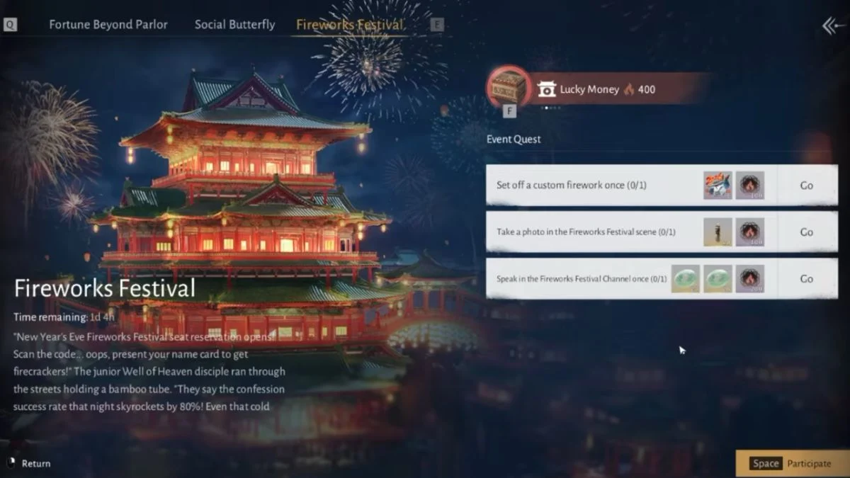 The Fireworks Festival event quest list in Where Winds Meet featuring the "Take a photo in the Fireworks Festival scene" objective.