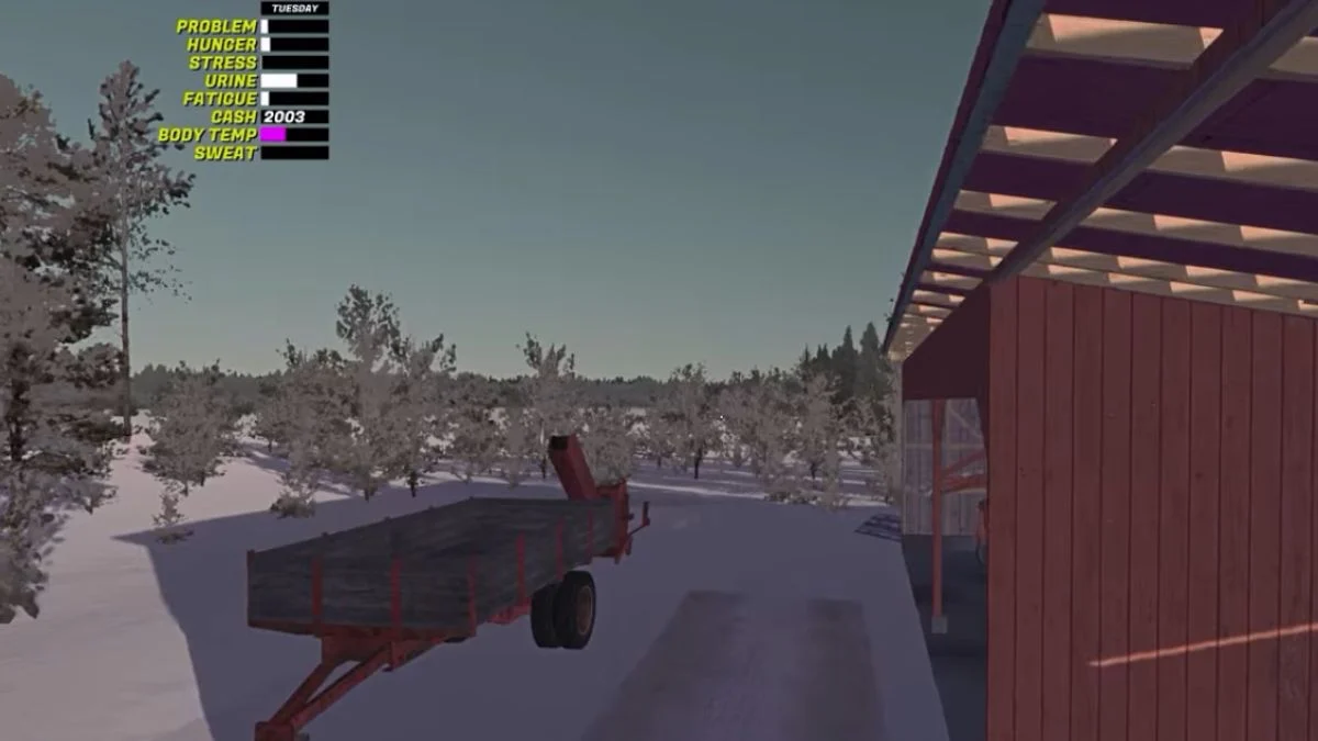 A red trailer parked in the snow next to a shed in My Winter Car.