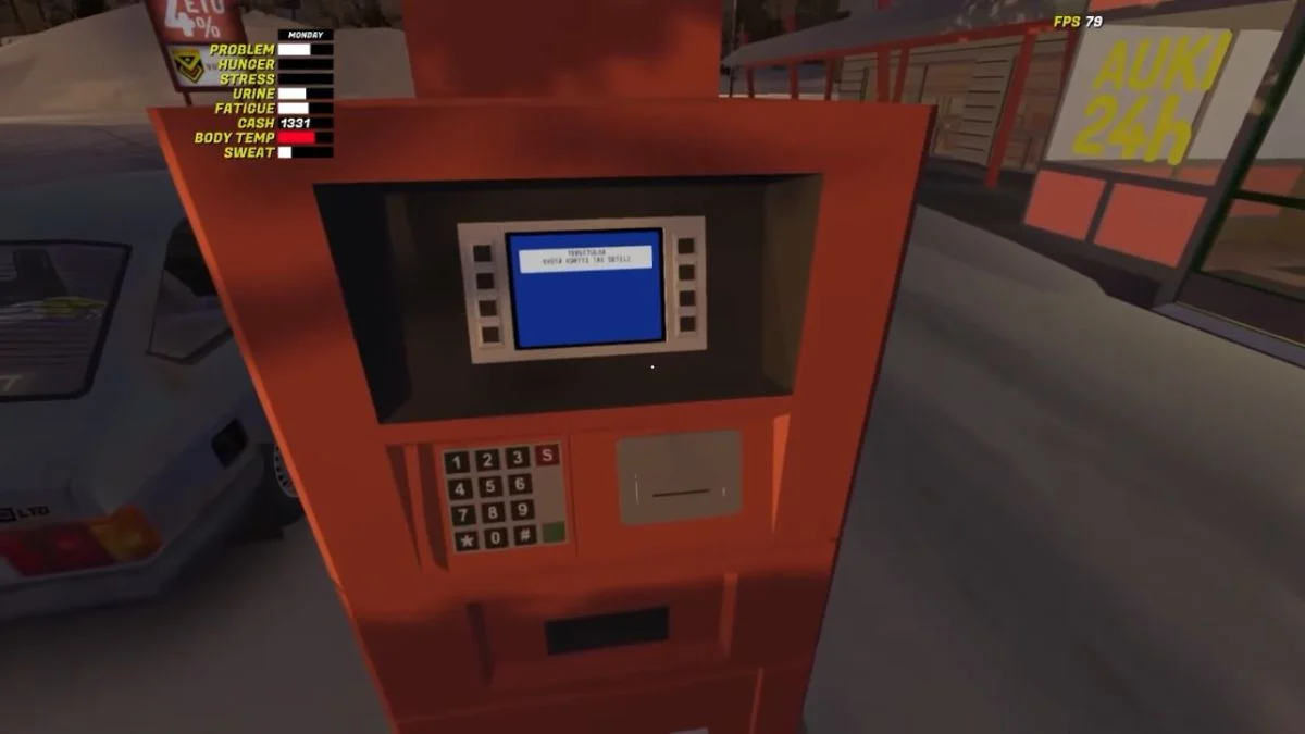 An orange ATM machine outside a store in the game My Winter Car.
