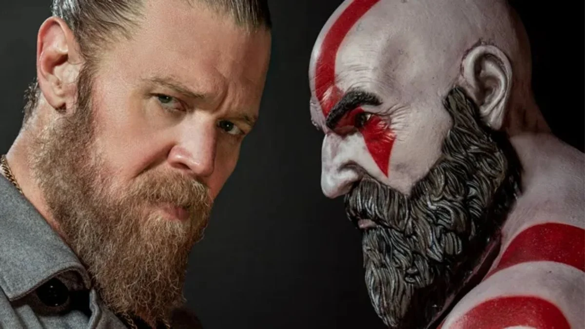 A side-by-side comparison of actor Ryan Hurst and the video game character Kratos from God of War.