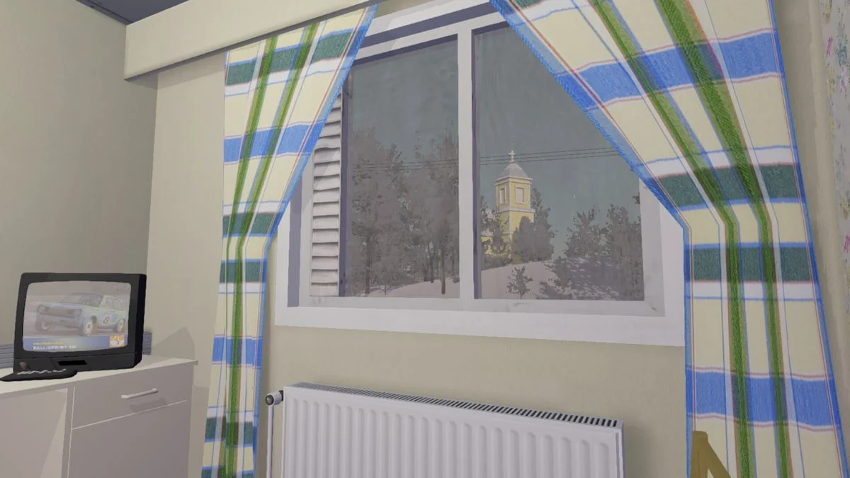 A view of a white wall radiator under a window with curtains in a My Winter Car interior room.