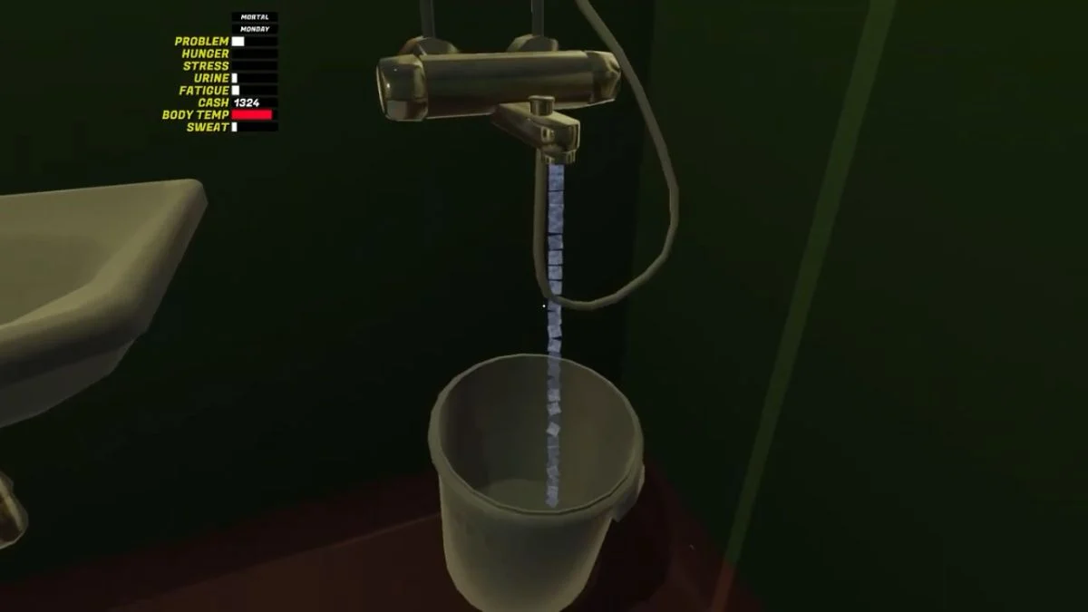 Filling the brewing bucket with water in the bathroom shower in My Winter Car.