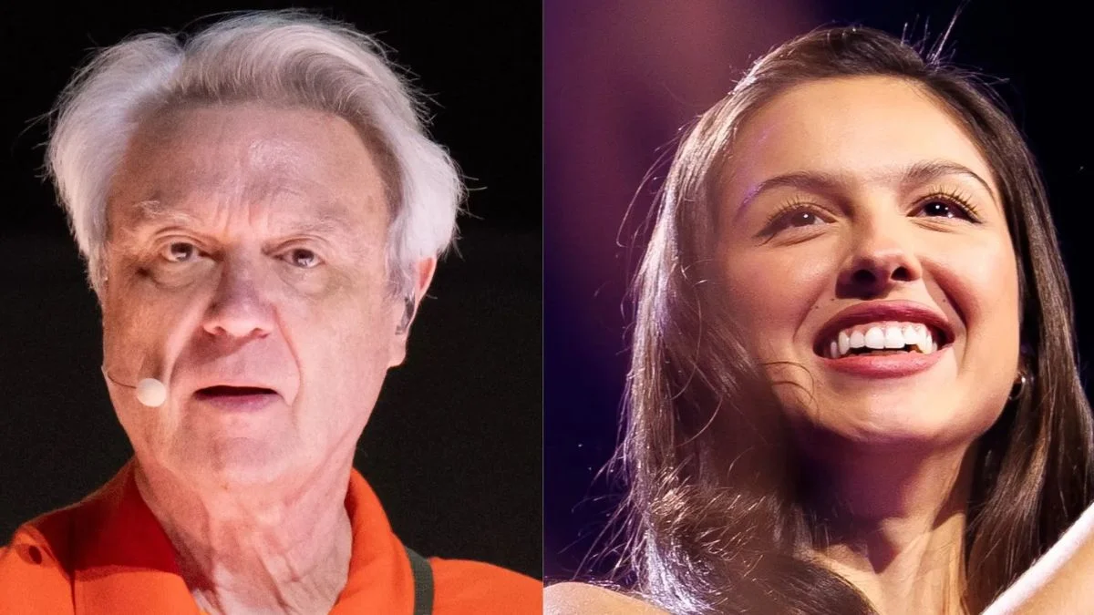 Side-by-side portrait of Talking Heads frontman David Byrne and pop star Olivia Rodrigo.