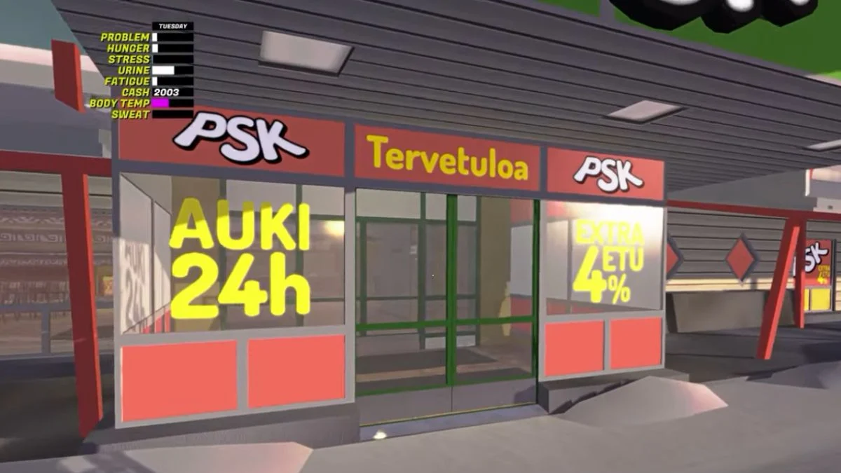 The exterior of the PSK gas station at night with a yellow sign saying Auki 24h