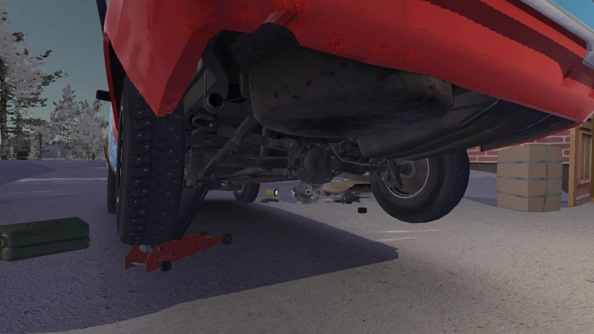 Undercarriage view of a red car being lifted by a jack in My Winter Car.