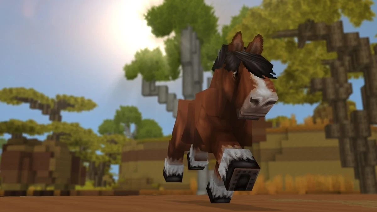 A blocky, brown horse with a white face and dark mane galloping through a sunlit, stylized savanna biome in Hytale.