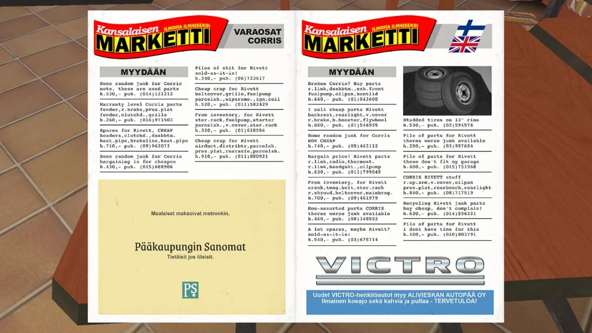 An open Classifieds Magazine showing various used parts for the Corris Rivett and Corris with their prices and phone numbers.