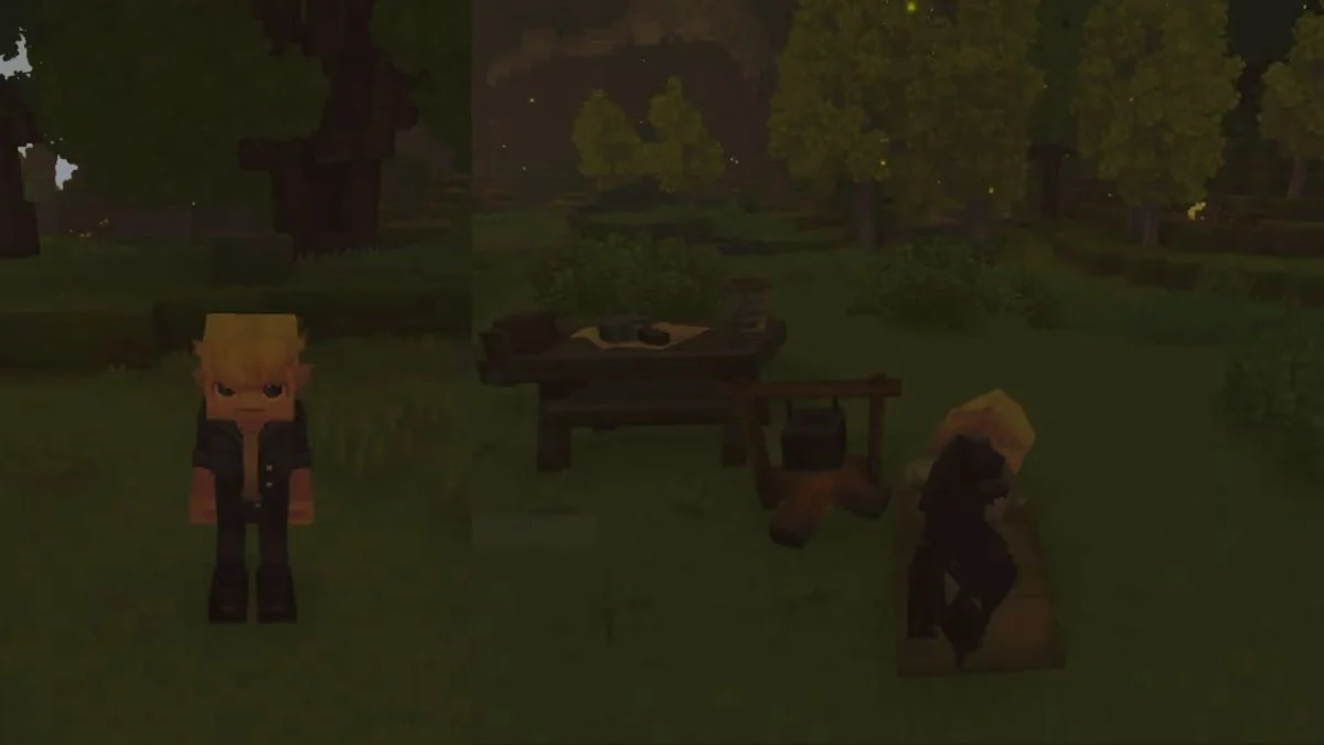 A Hytale character standing in a forest at night next to a campfire, crafting table, and bedroll.
