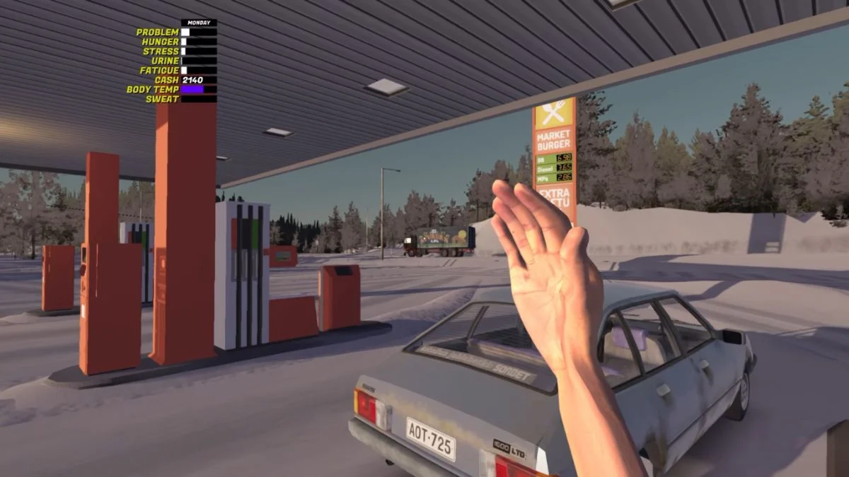 A view of the PSK Peräportti gas station in My Winter Car during the day with snow on the ground and a Sorbett parked at the pumps.