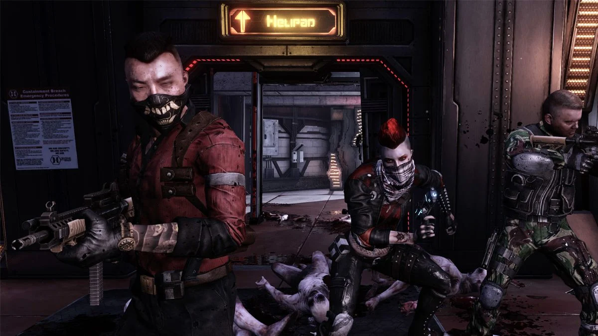 Three Killing Floor 2 characters standing in a dark facility corridor ready for combat.