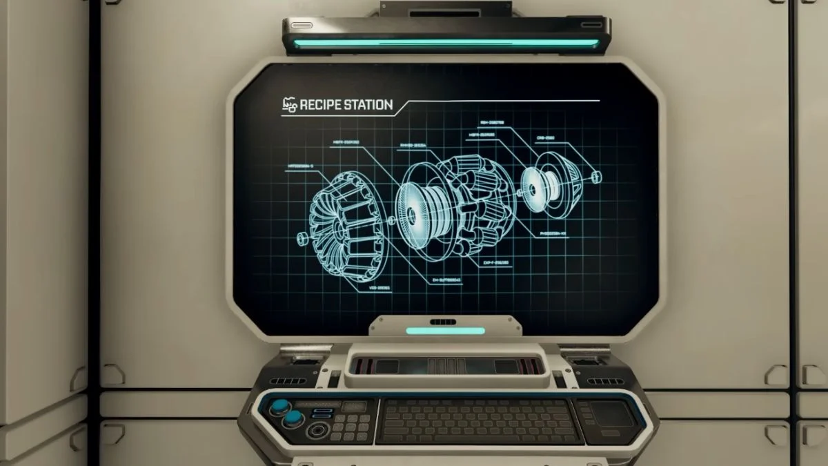 A holographic blueprint of a complex industrial engine on a Recipe Station screen in StarRupture.