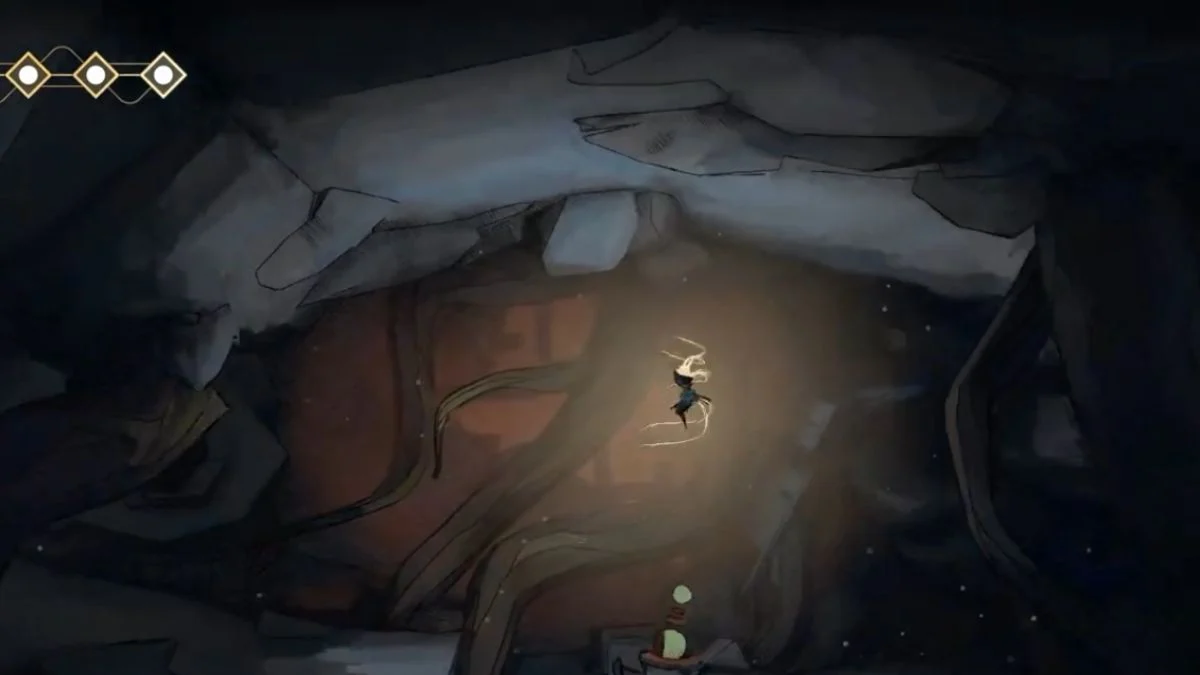 The character MIO jumping towards a hidden platform above Mel's shop to find the Silo Access Badge.