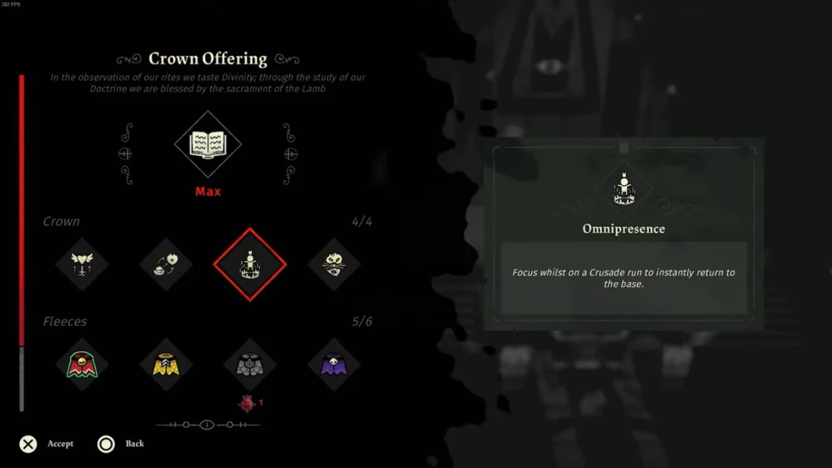 The Crown Offering menu in Cult of the Lamb showing the Omnipresence ability selected with its description.