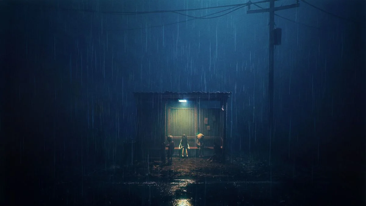 Two siblings in animal masks sitting at a dark, rainy bus stop in the game Reanimal.